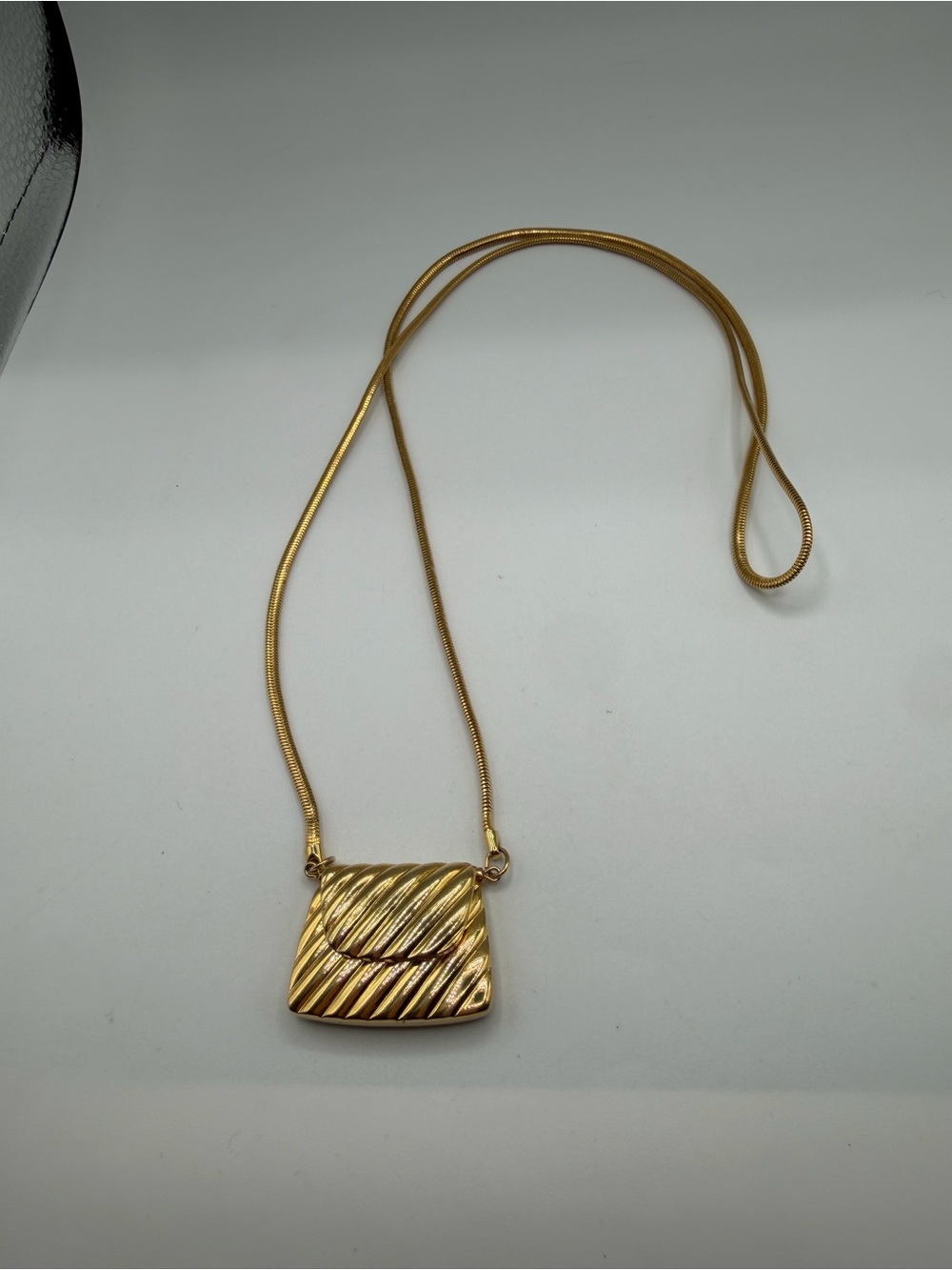 Vintage Goldone Plated Miniature Purse Pendant and Necklace 32 Inch Chain
